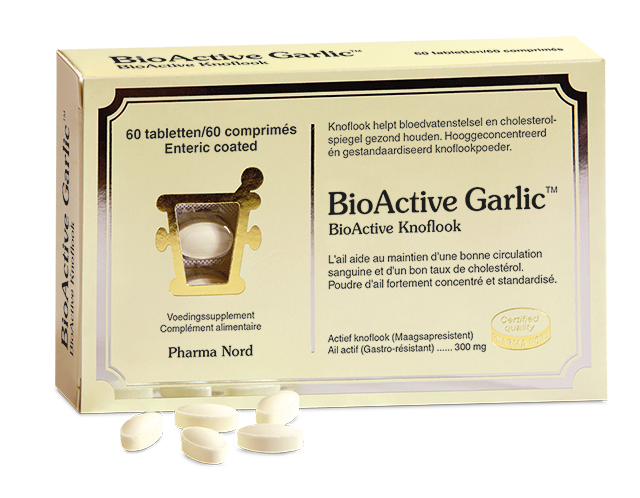 Pharma Nord Bio Active Knoflook supplement in a bottle of 60 tablets, herbal preparation with garlic extract, unopened bottle