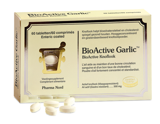 Pharma Nord Bio Active Knoflook supplement in a bottle of 60 tablets, herbal preparation with garlic extract, unopened bottle