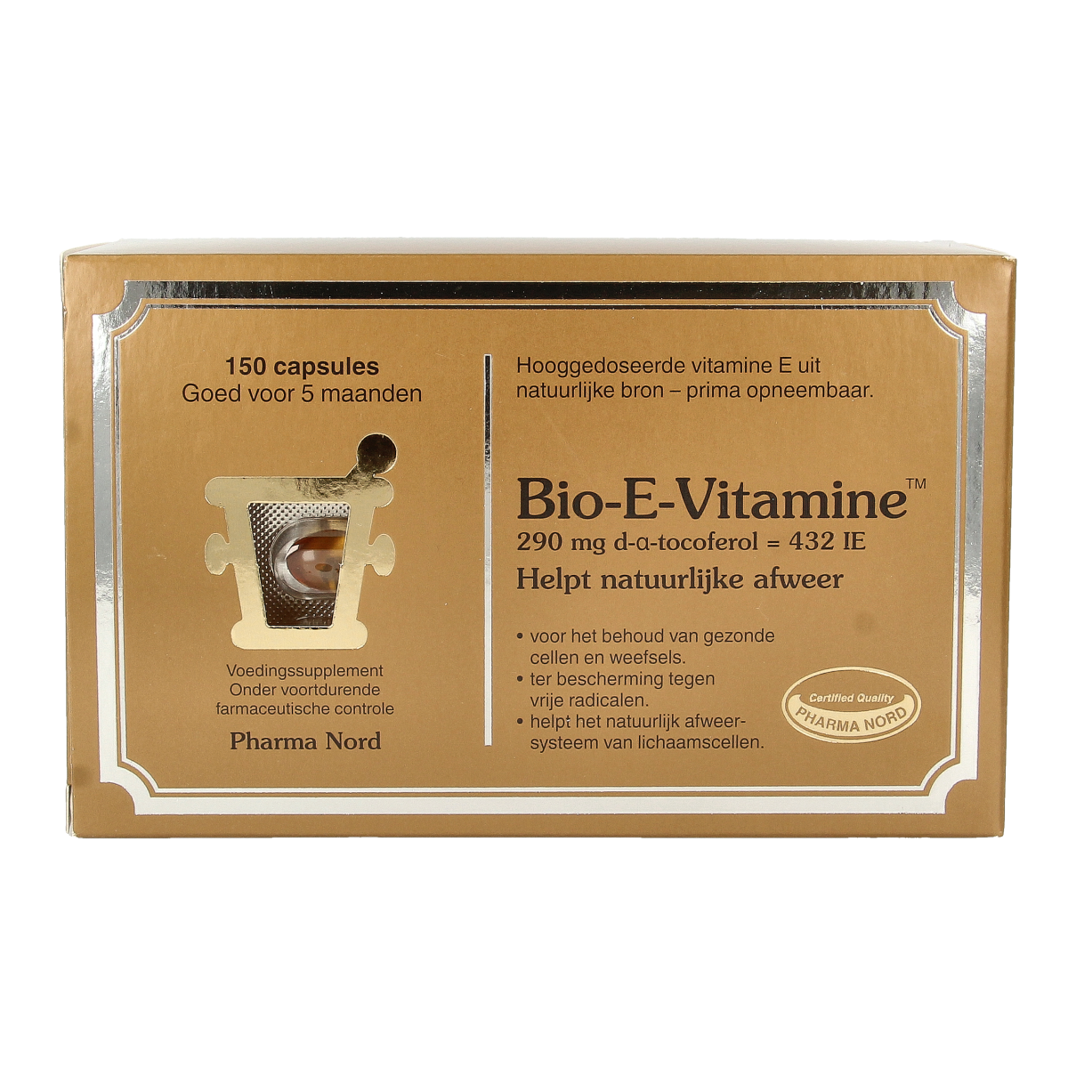 Pharma Nord Bio E Vitamin 150,000 capsules, close-up of the supplement bottle with capsules inside on a white background.
