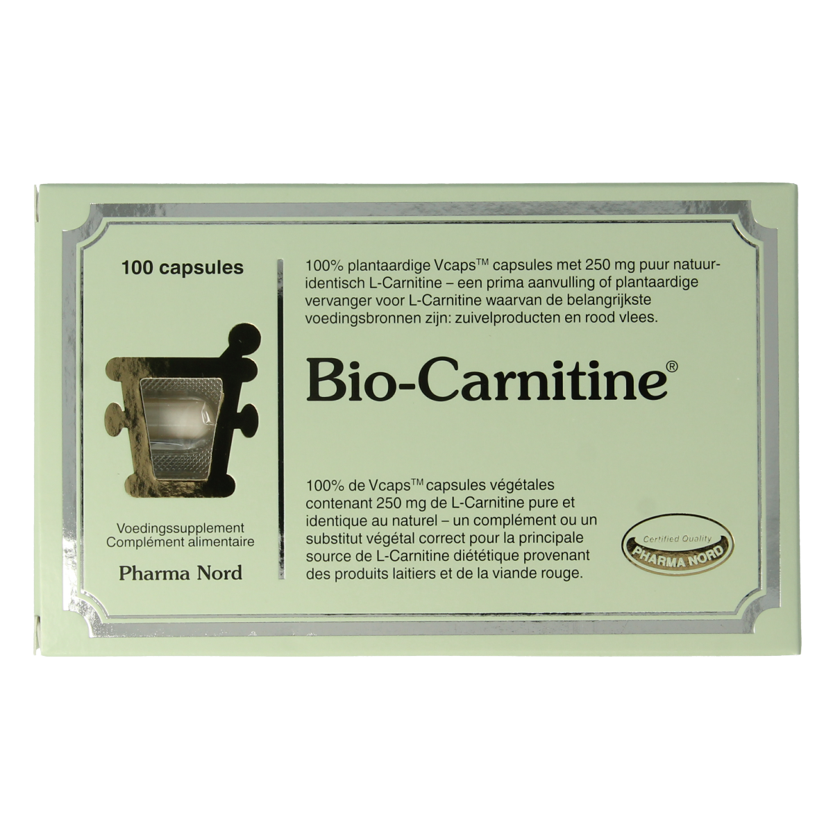 Pharma Nord Bio Carnitine 100 capsules, dietary supplement with amino acids, displayed in a clear bottle on a white background.