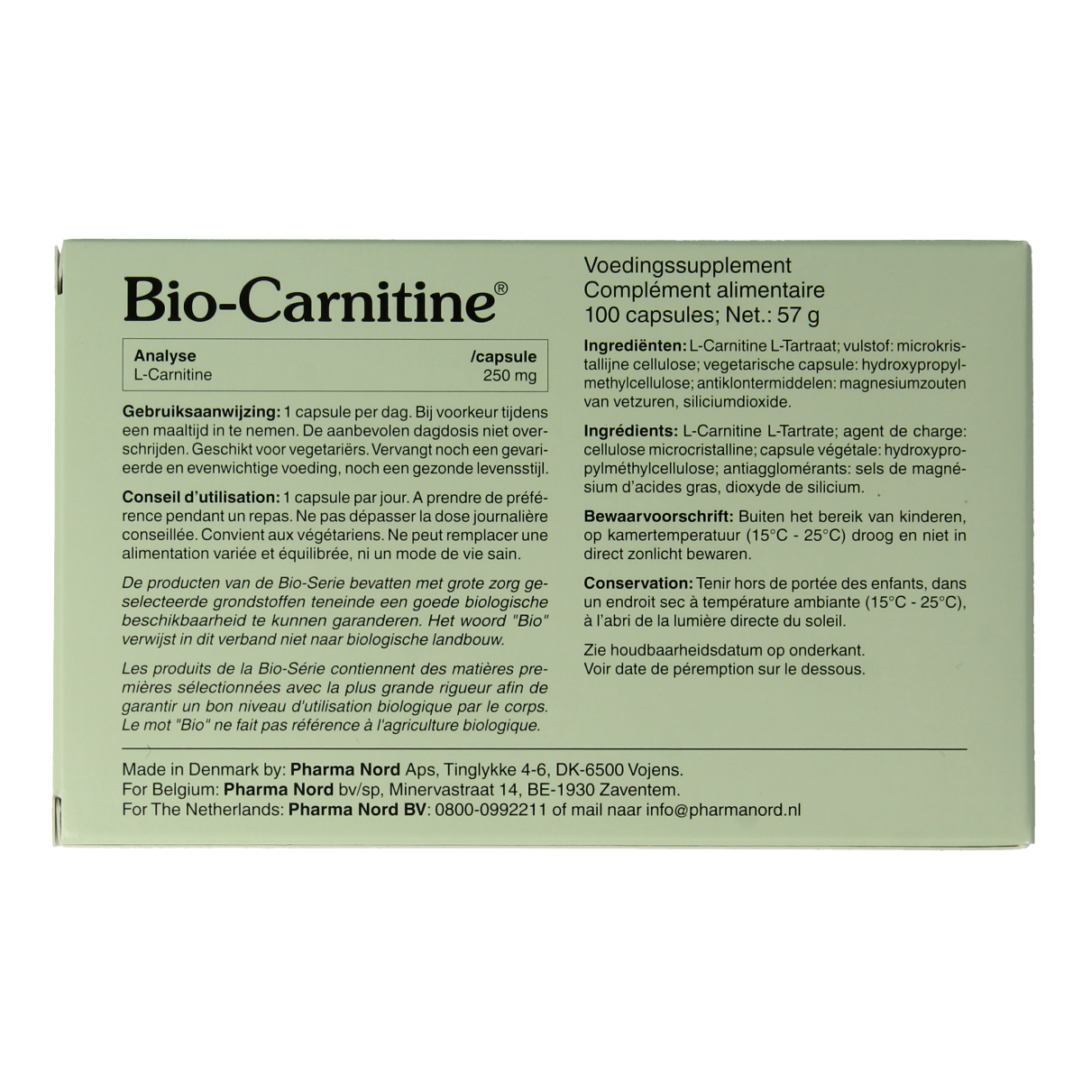 Pharma Nord Bio Carnitine 100 capsules, dietary supplement with amino acids, shown in a clear bottle on a white background.