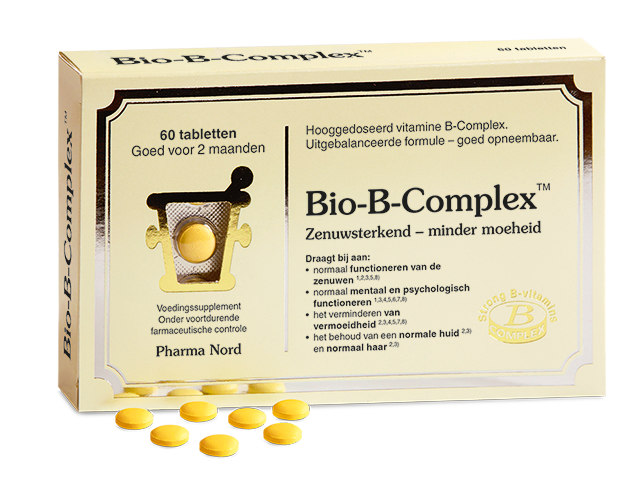 Pharma Nord Bio B Complex multivitamin tablets, showing a bottle with 60 tablets and colorful label.