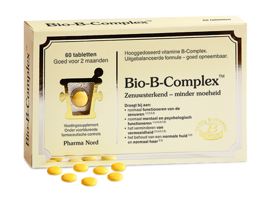 Pharma Nord Bio B Complex multivitamin tablets, showing a bottle with 60 tablets and colorful label.