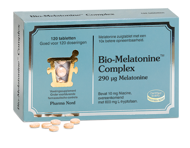 Pharma Nord Bio Melatonine Complex 290mcg herbal lozenges, 120 tablets, dietary supplement for sleep support.