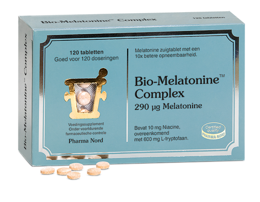 Pharma Nord Bio Melatonine Complex 290mcg herbal lozenges, 120 tablets, dietary supplement for sleep support.