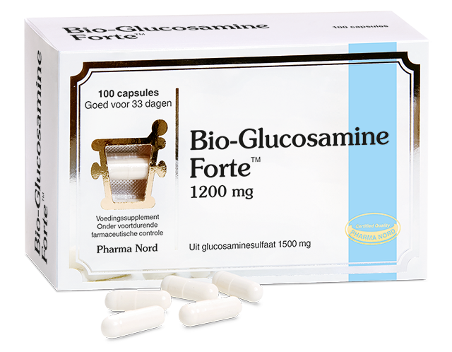 Pharma Nord Bio Glucosamine Forte 100 capsules in a bottle, supplement for joint health and cartilage support.