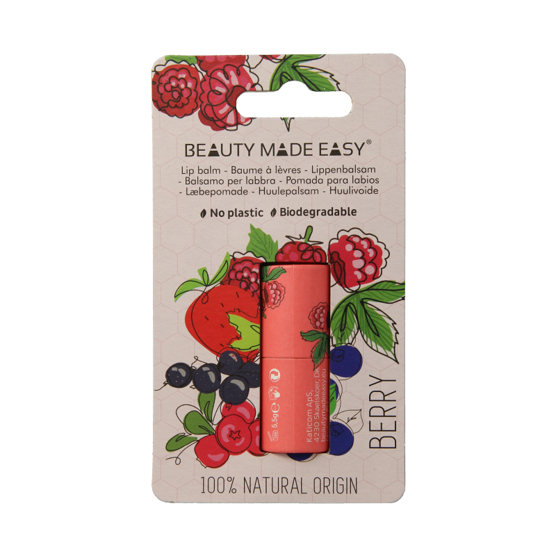 Beauty Made Easy berry lip balm in a 5.5g paper tube, moisturizing lip care product with natural berry scent.