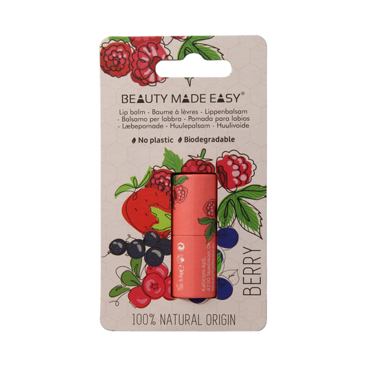 Beauty Made Easy berry lip balm in a 5.5g paper tube, moisturizing lip care product with natural berry scent.