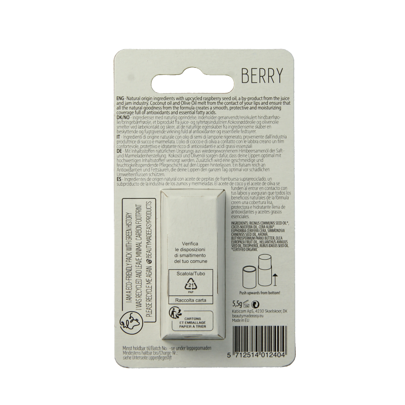 Beauty Made Easy berry lip balm in a 5.5g paper tube, moisturizing lipverzorging with a berry flavor and natural packaging.