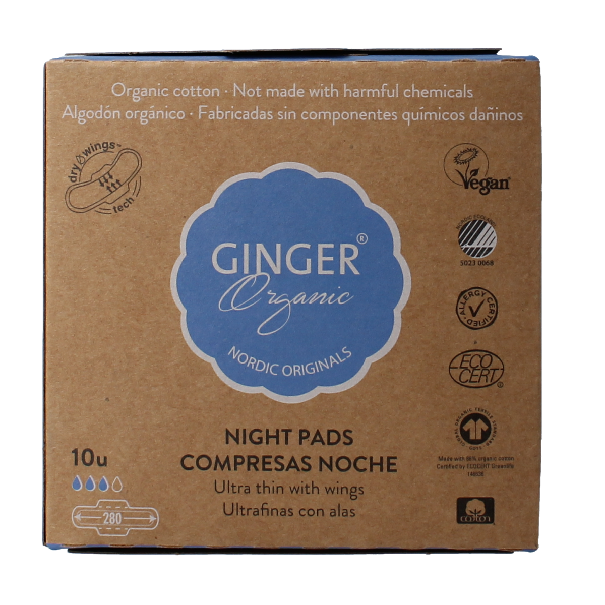Organic Ginger night sanitary pads with wings, 10-pack, designed for women’s overnight comfort and protection.