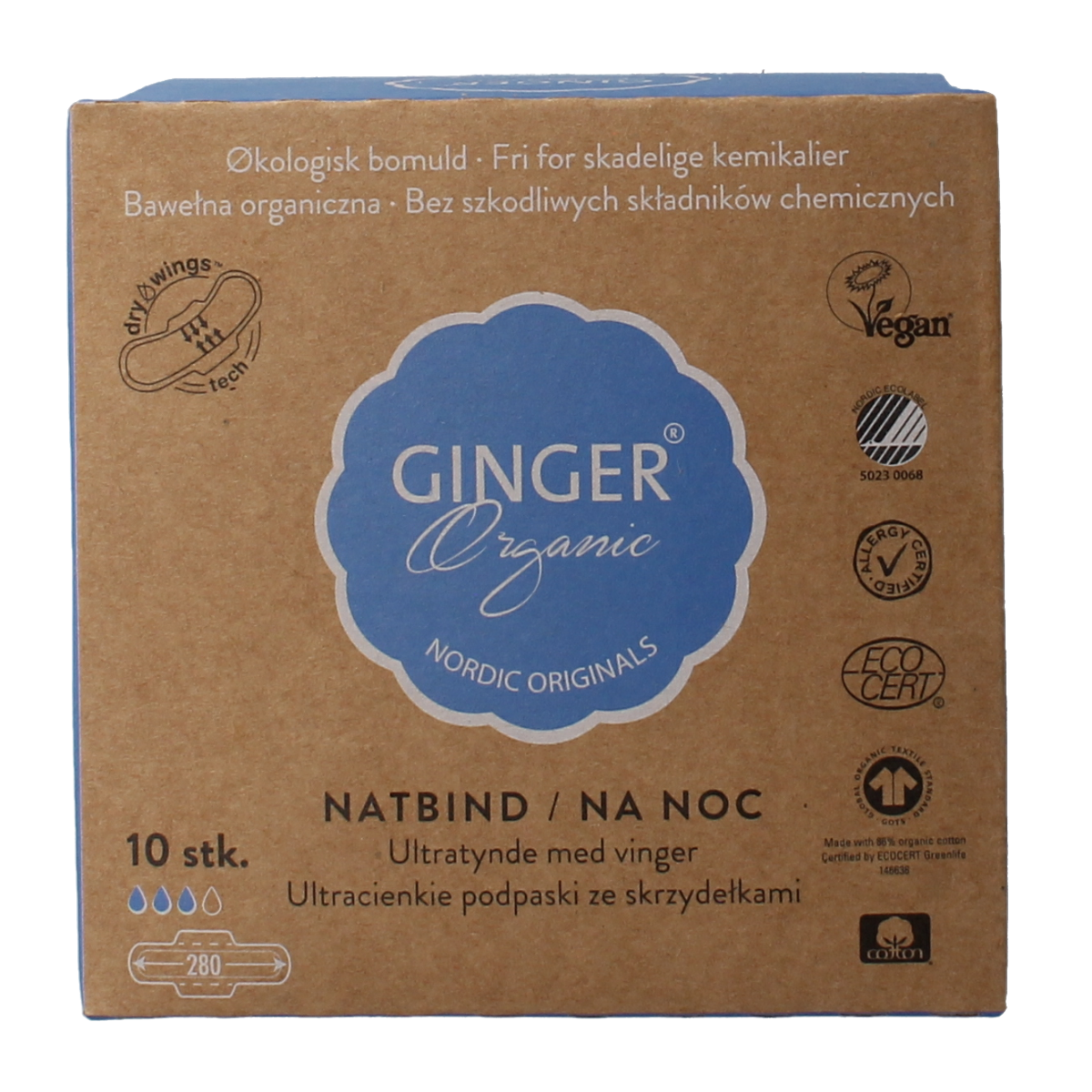 Organic Ginger night sanitary pads with wings, pack of 10, designed for women’s overnight protection and comfort.