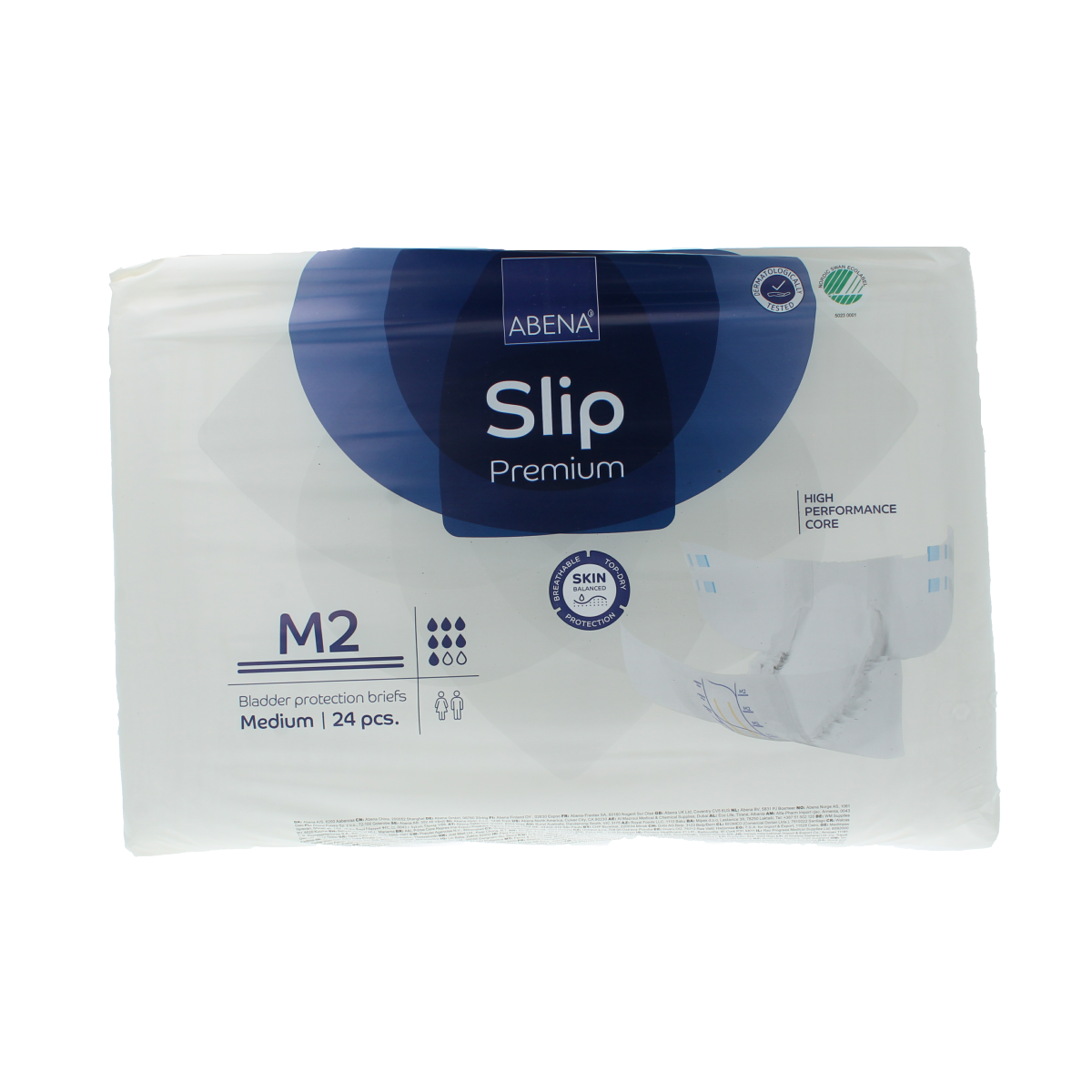 Abena Slip M2 premium incontinence pads, 24-pack, featuring discreet design and absorbent core for comfortable protection.