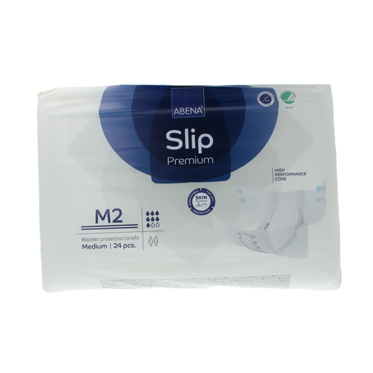 Abena Slip M2 premium incontinence pads, 24-pack, featuring discreet design and absorbent core for comfortable protection.