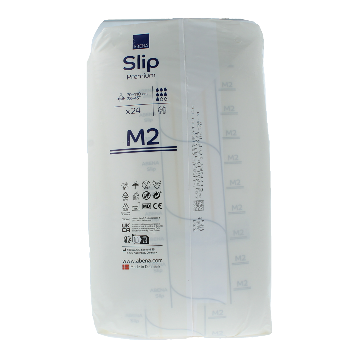 Abena Slip M2 premium incontinence pads, 24-pack, featuring discreet, absorbent design for adult incontinence management.