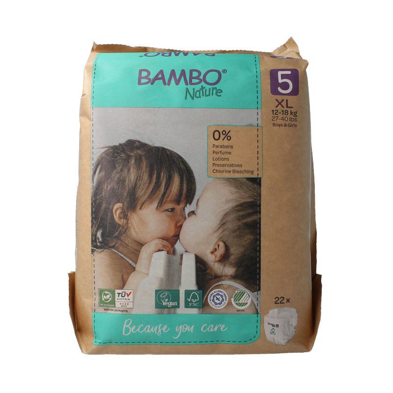 Bambo Babyluiers maat 5, 12-18kg, pack of 22 disposable diapers with soft, absorbent material for babies.