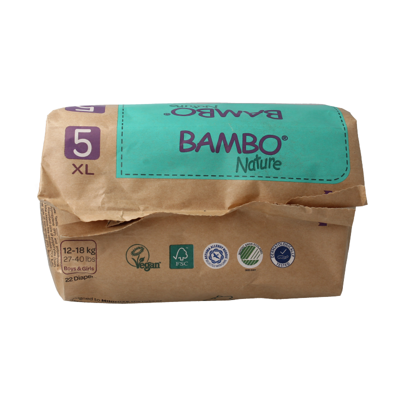 Bambo Babyluiers maat 5 (12-18kg), 22 stuk, zachte luiers en doekjes voor baby's, product image showing packaging and branding.