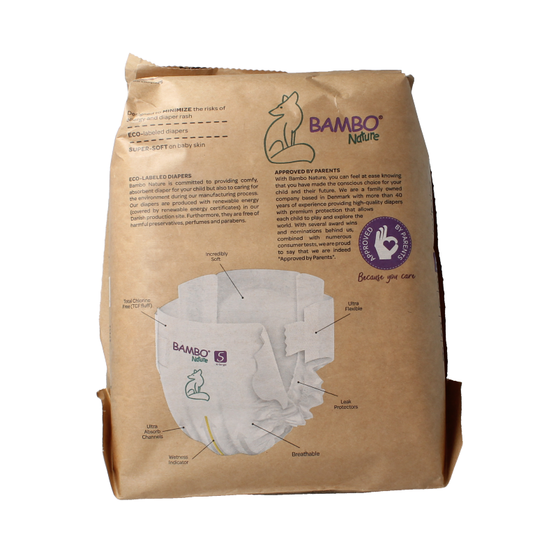 Bambo Babyluiers maat 5, 12-18kg, pack of 22 disposable diapers with soft, breathable material for babies.