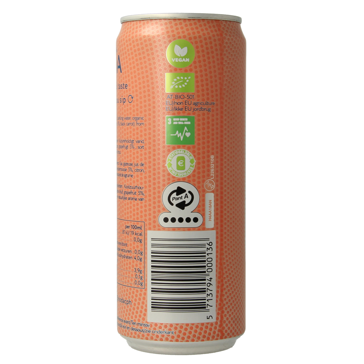 NODA Pink Grapefruit Bio juice in 330ml bottle, natural organic drink from NODA, showing pink grapefruit slices and juice.