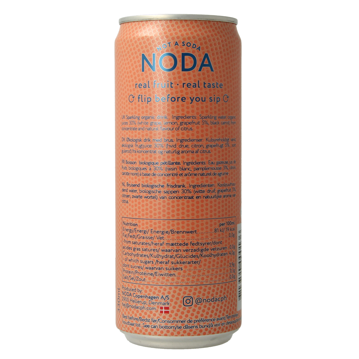 NODA Pink Grapefruit Bio juice bottle, 330ml, natural beverage in clear glass with pink grapefruit label, organic and fresh.