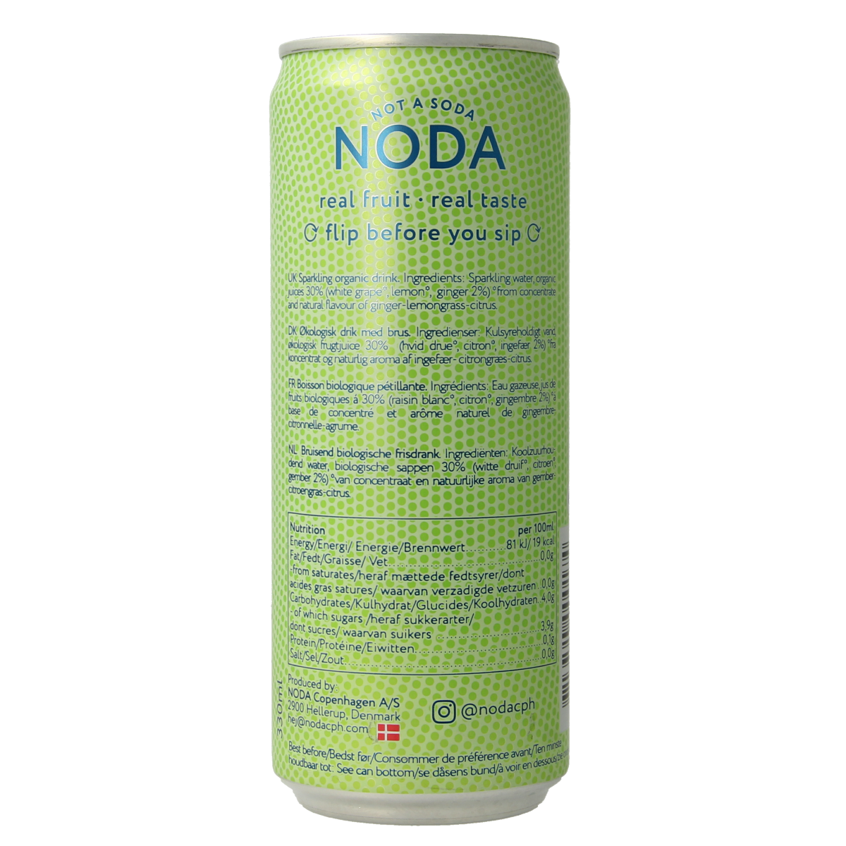 NODA Ginger Lemongrass bio drink in a 330ml bottle, featuring fresh ginger and lemongrass ingredients, in clear packaging.