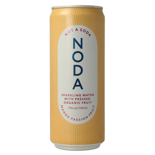 NODA Mango Passion Fruit Organic Drink bottle, 330ml, with a colorful label featuring mango and passion fruit images.