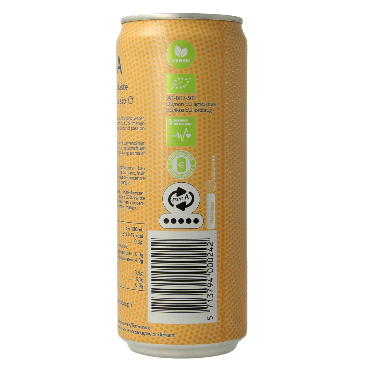 NODA Mango Passion Fruit Bio drink in a 330ml bottle, showing the colorful label with mango and passion fruit imagery.