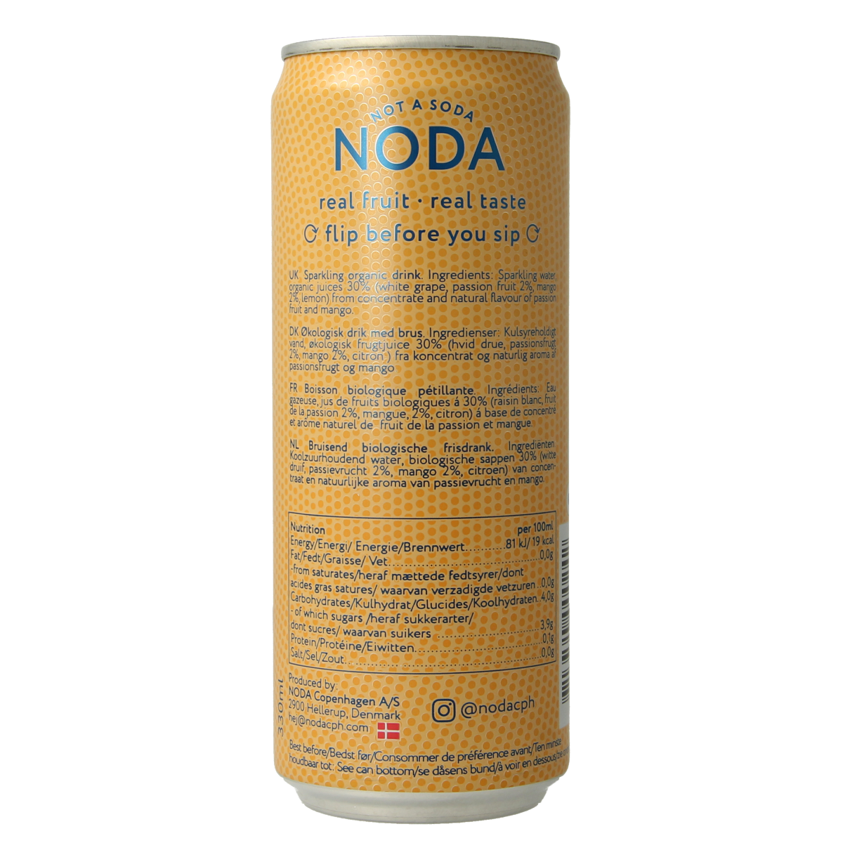 NODA Mango Passion Fruit Bio juice bottle, 330ml, with vibrant label showcasing fresh mango and passion fruit images.