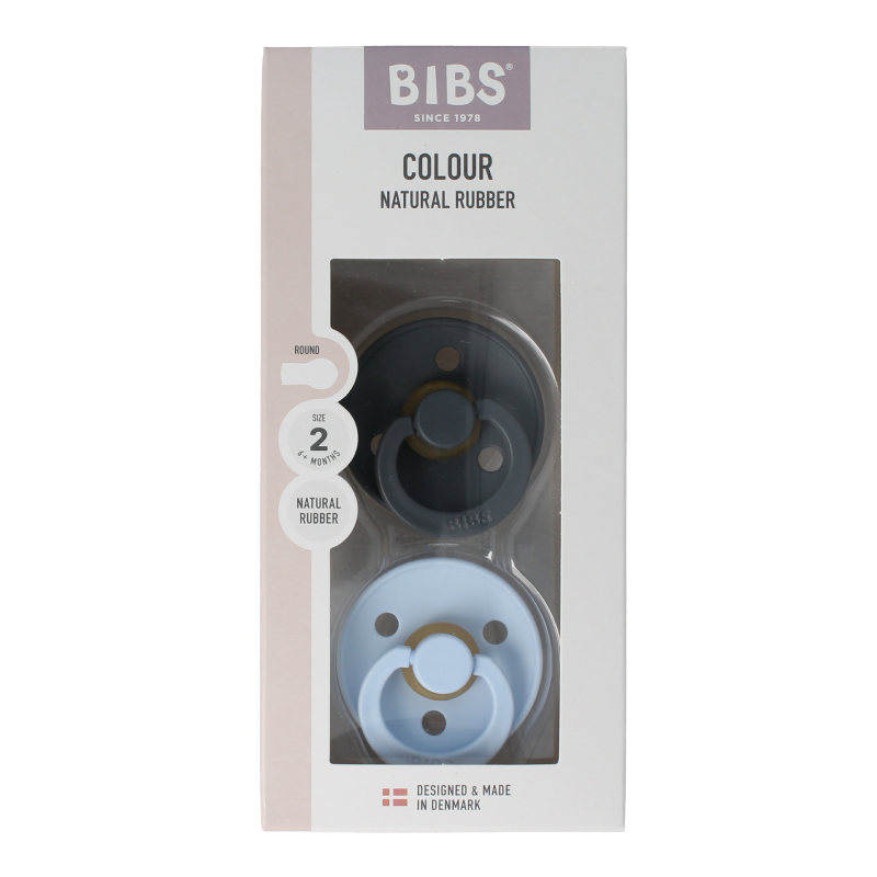 Two Bibs baby blue natural rubber pacifiers size 2 for infants, shown with smooth, ergonomic design in the image.