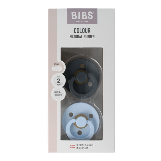 Two Bibs baby blue natural rubber pacifiers size 2 for infants, shown with smooth, ergonomic design in the image.