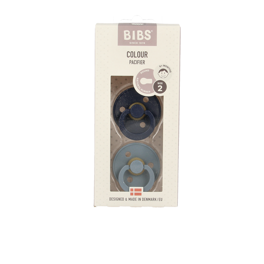 Bibs Fopspeen maat 2 deep space and petrol, two-pack of baby pacifiers, designed for infants, with soft silicone nipples.
