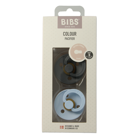 Set of two Bibs Fopspeen maat 3 baby blue pacifiers for babies and toddlers, featuring soft silicone and ergonomic design.