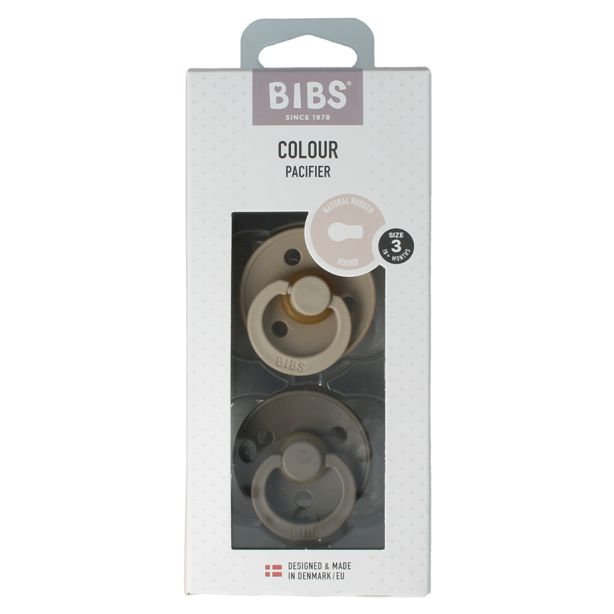 Bibs Fopspeen maat 3 in vanilla and dark oak, 2-pack of baby pacifiers, designed for gentle comfort.