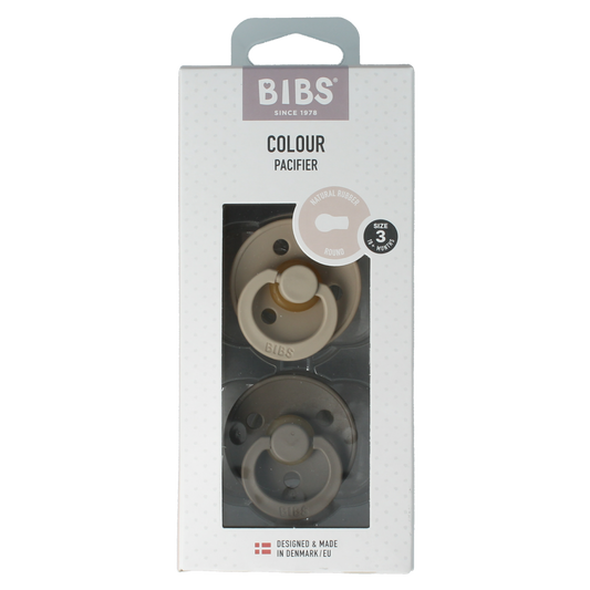 Bibs Fopspeen maat 3 in vanilla and dark oak, 2-pack of baby pacifiers, designed for gentle comfort.