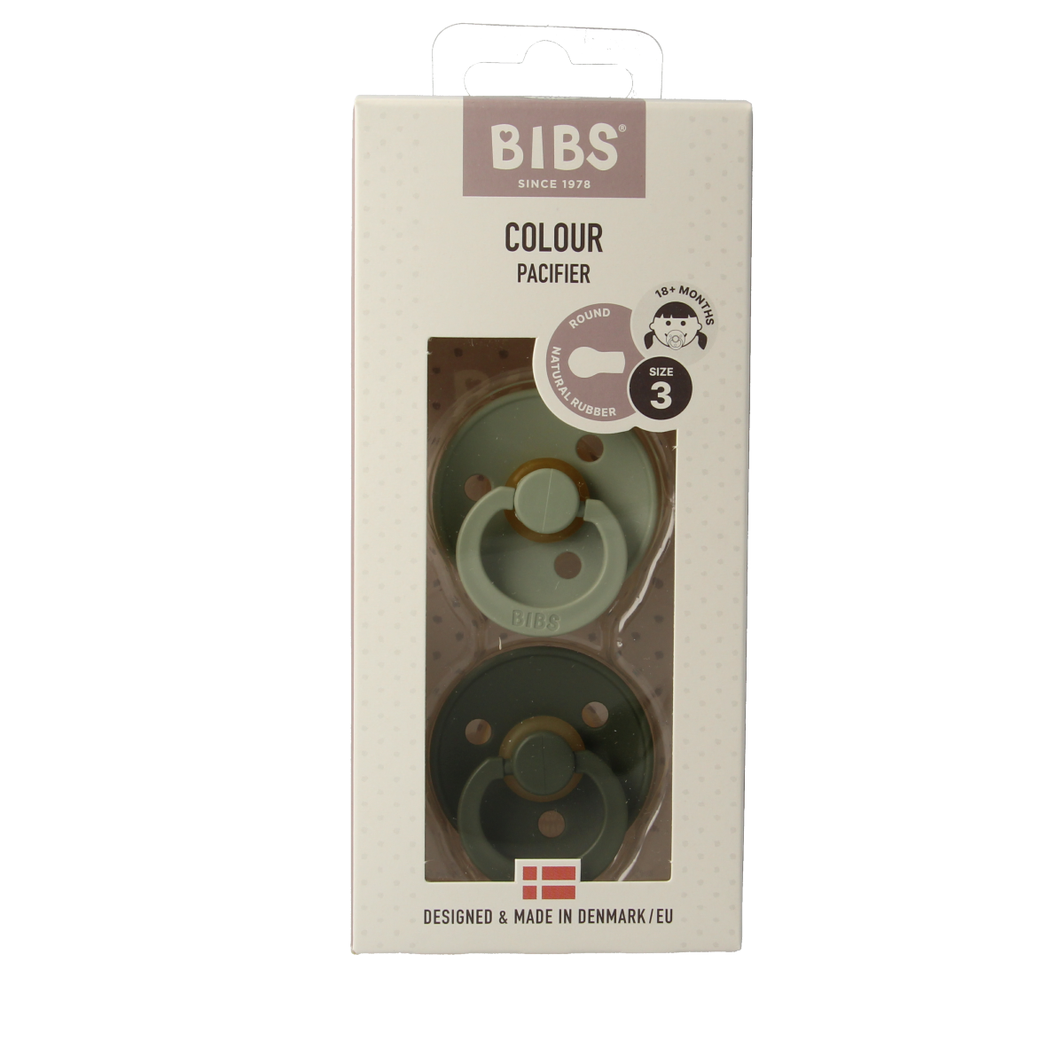 Bibs Fopspeen maat 3 in sage and hunter green, 2-pack, baby pacifiers for ages 3 months and up, displayed in a box.