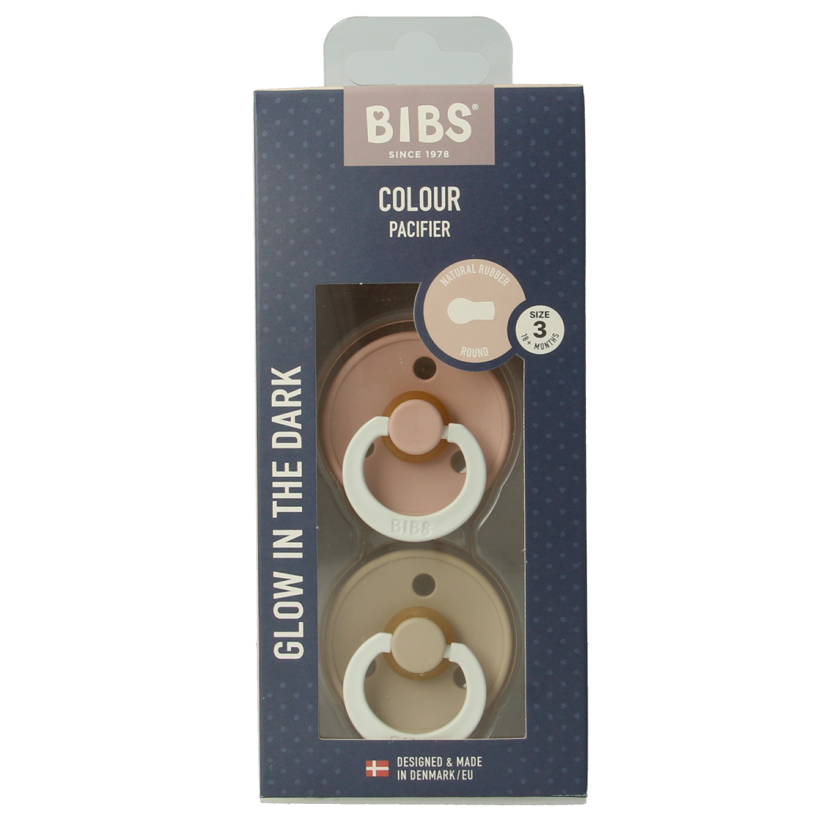 Bibs Fopspeen maat 3 blush vanilla night set of 2, baby soothers for night use, with natural blush and vanilla tones.