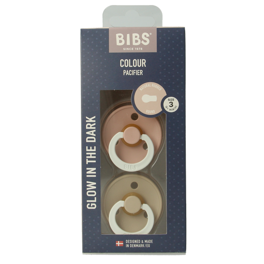 Bibs Fopspeen maat 3 blush vanilla night set of 2, baby soothers for night use, with natural blush and vanilla tones.