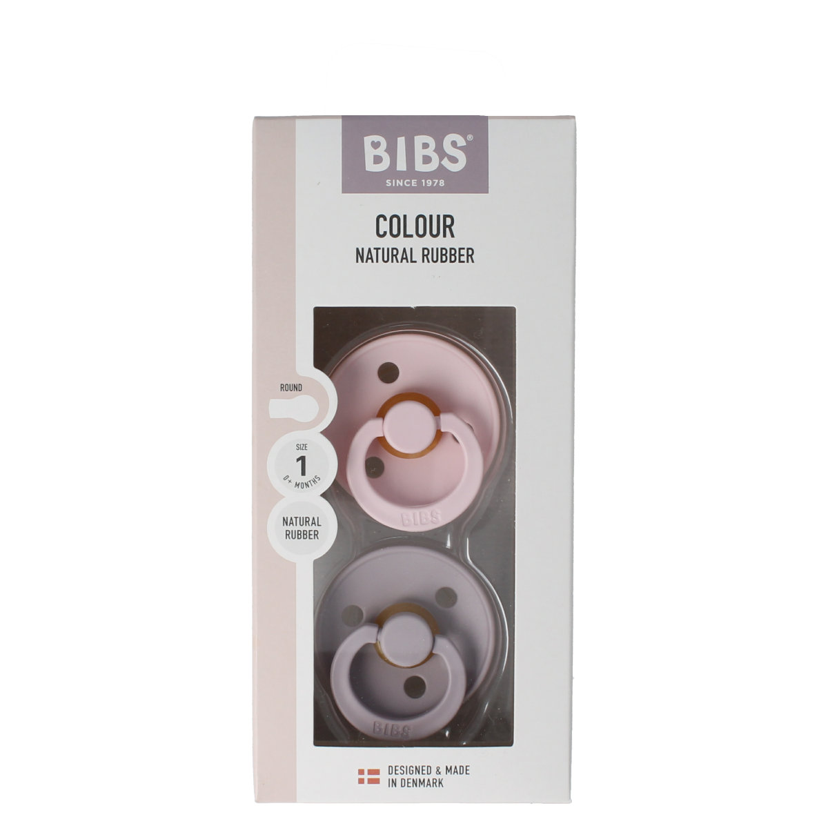 Bibs Fopspeen maat 1 blossom dusky lilac, soft silicone baby pacifier in a natural setting, 2-pack.