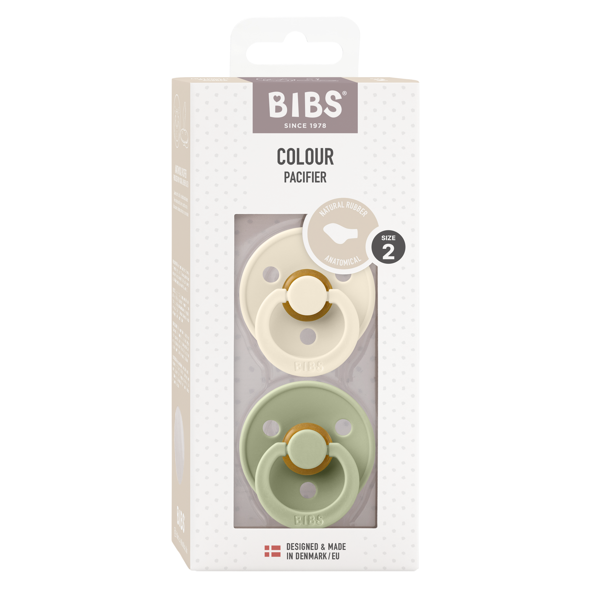 Bibs Fopspeen anatomical maat 2 baby pacifiers in ivory and sage, set of 2, designed for gentle oral comfort.