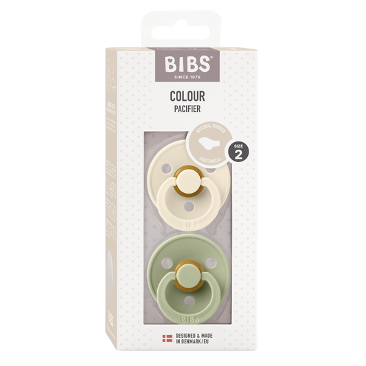 Bibs Fopspeen anatomical maat 2 baby pacifiers in ivory and sage, set of 2, designed for gentle oral comfort.