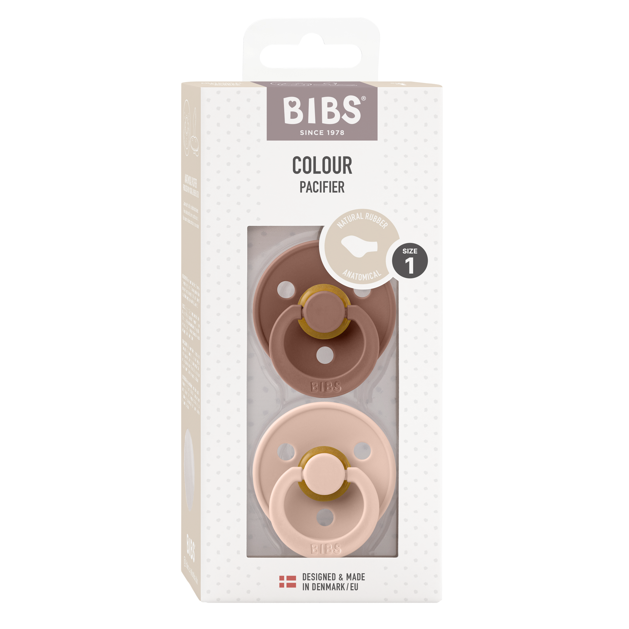 Bibs Fopspeen anatomical maat 1 blush and woodstock, two pacifiers for babies, with soft silicone nipple and ergonomic design.
