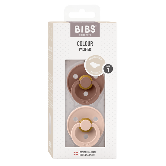 Bibs Fopspeen anatomical maat 1 blush and woodstock, two pacifiers for babies, with soft silicone nipple and ergonomic design.