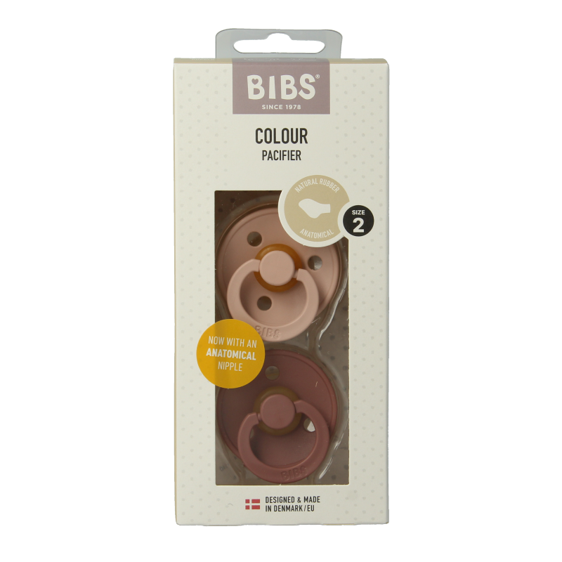 Bibs Fopspeen anatomical maat 2 in blush and woodstock colors, two-piece set of baby pacifiers and soothers with natural shape.