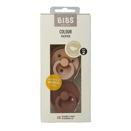 Bibs Fopspeen anatomical maat 2 in blush and woodstock colors, two-piece set of baby pacifiers and soothers with natural shape.