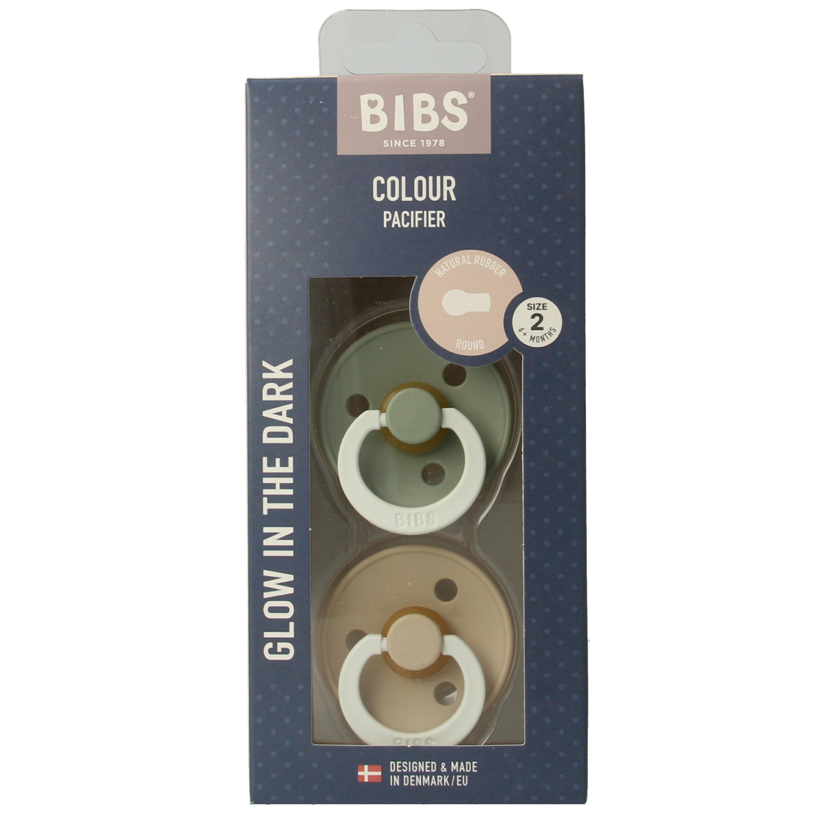 Bibs Fopspeen maat 2 in sage vanilla color, night mode, for babies, with two pacifiers shown in the image.
