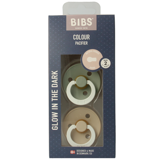 Bibs Fopspeen maat 2 in sage vanilla color, night mode, for babies, with two pacifiers shown in the image.