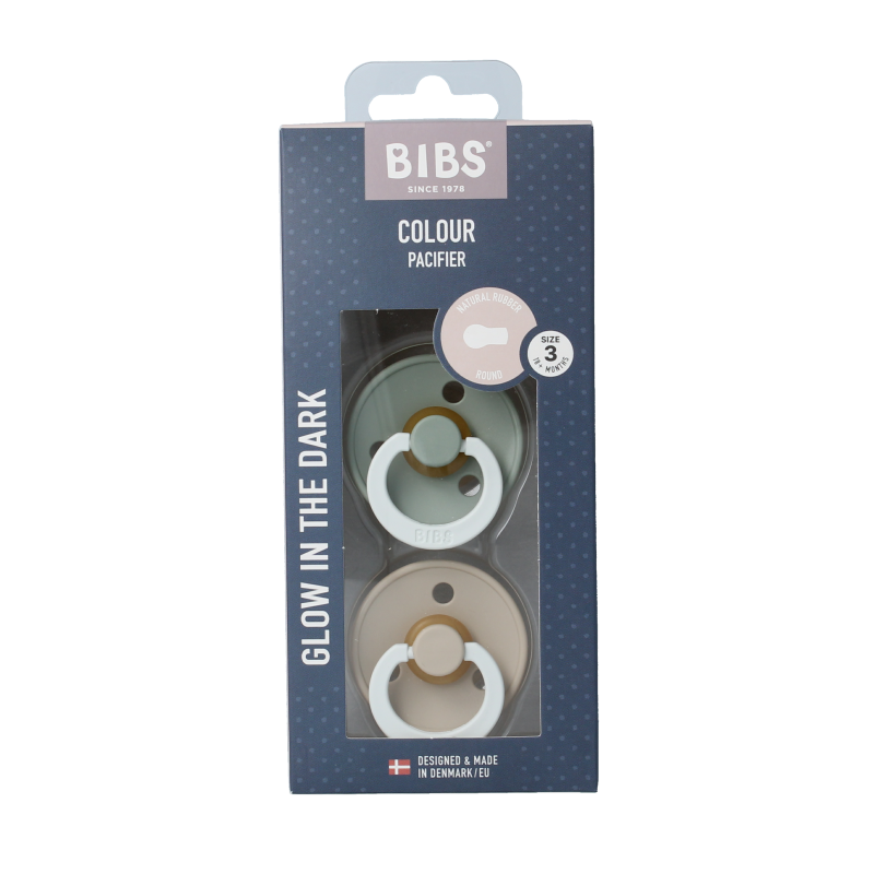 Two Bibs Fopspeen maat 3 in sage vanilla color, designed for babies, with soft silicone nipples and ergonomic shape.