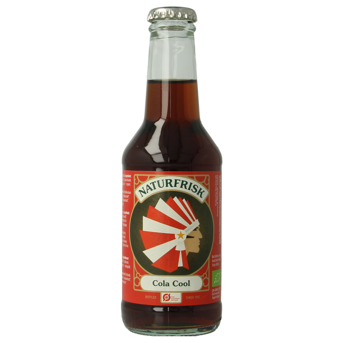 Naturfrisk Cola bio 250ml bottle, organic beverage with dark cola liquid and label, natural drink from Naturfrisk.
