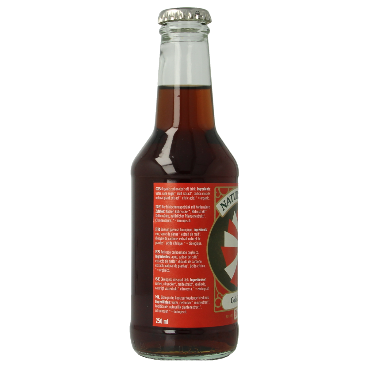 Naturfrisk Cola bio 250ml bottle with label, showcasing natural ingredients in a clear glass bottle.
