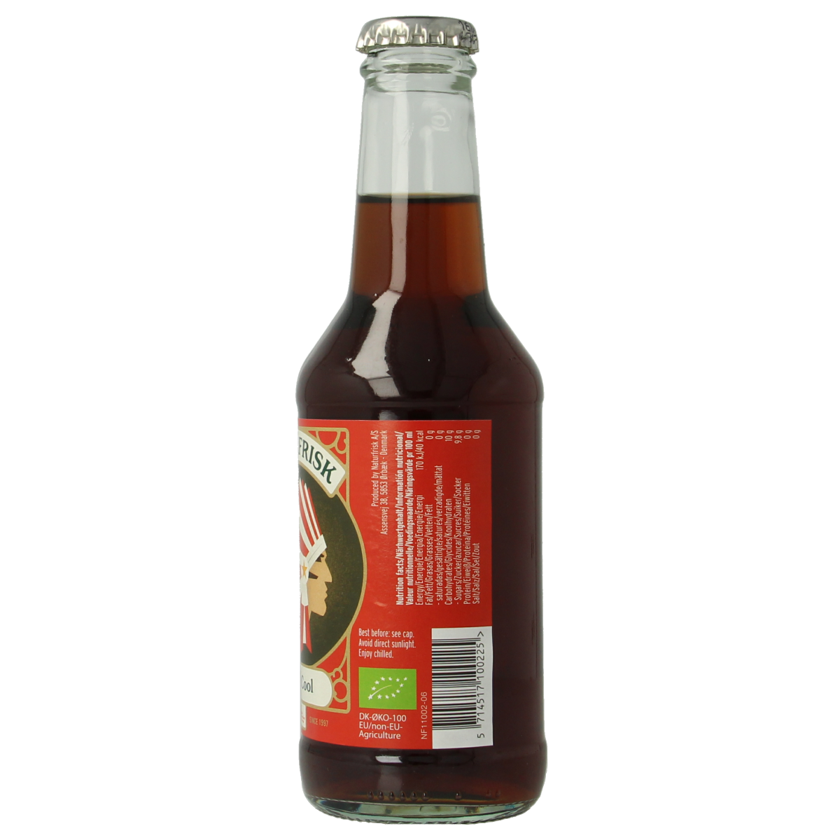 Naturfrisk Cola bio 250ml bottle with label and cap, showcasing organic cola drink in clear glass bottle.