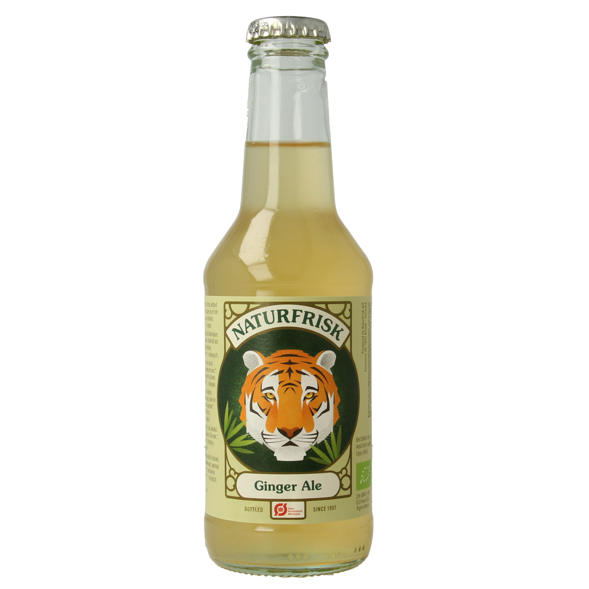 Bio Naturfrisk Ginger Ale 250ml bottle, clear glass with golden amber liquid, showcasing natural ginger flavor and refreshing carbonation.
